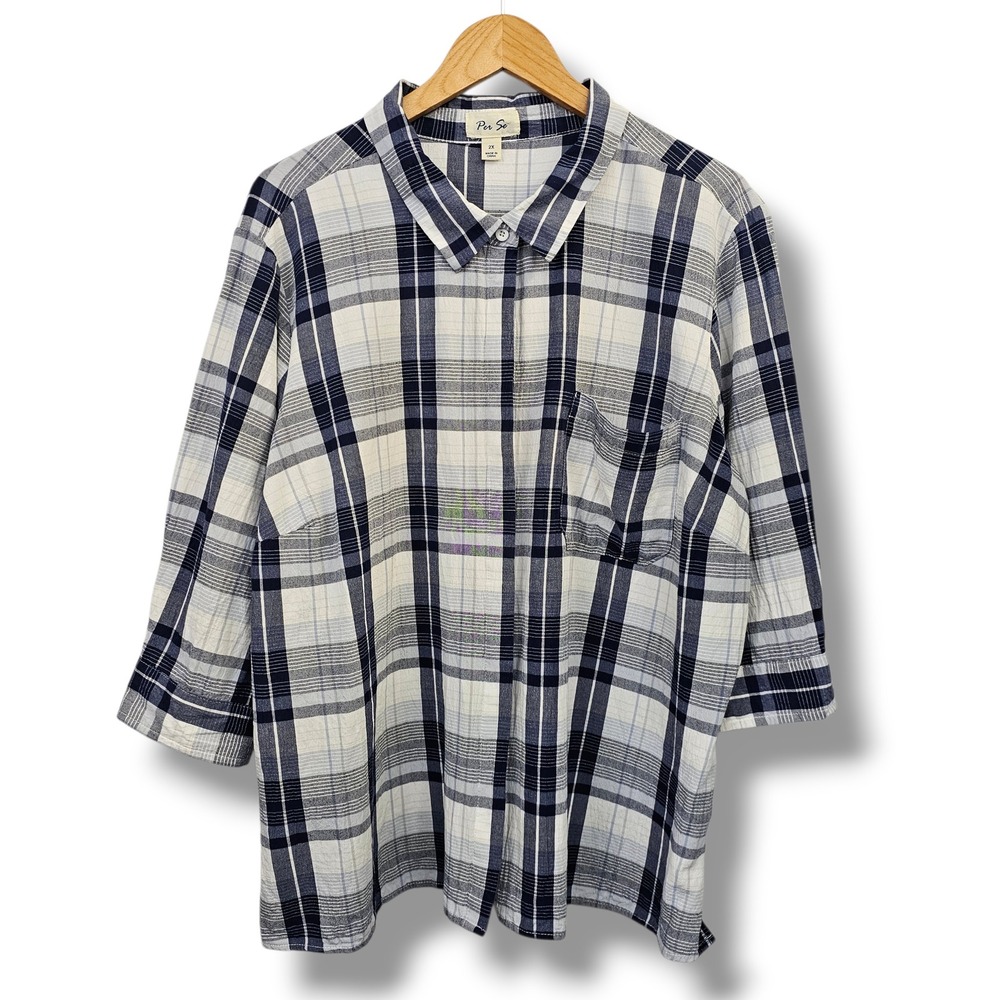 J Crew Per Se Plaid Button Up Shirt 2X Navy Blue White 3/4 Sleeve Preppy Classic
